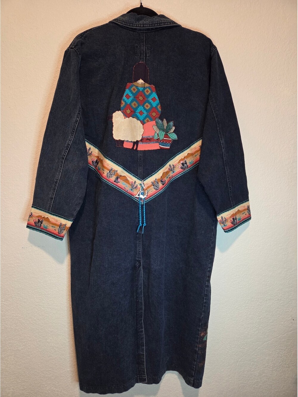Sunbelt Vintage Long Denim Jacket with Southwestern Painted Design, One Size - Picture 8 of 9